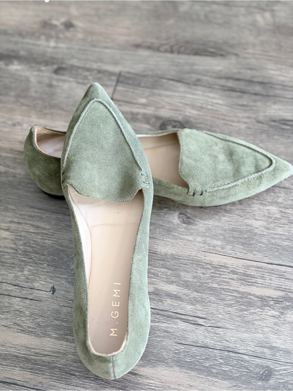 M. Gemi Olive Green Suede Pointed Loafers